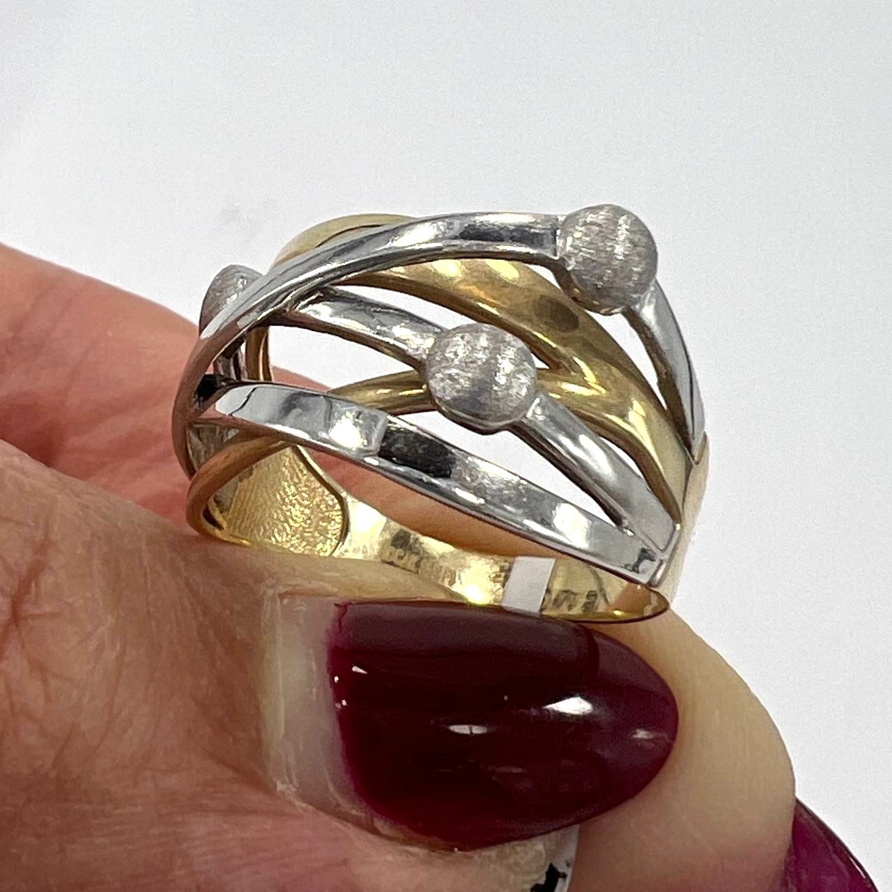 14K Gold Two Tone Crossover Ring Hammered Textured Yellow White Gold Women's Ban - Image 7