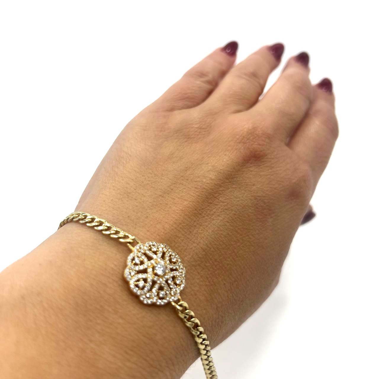 14K yellow gold bracelet featuring a delicate flower center adorned with zircon. - Image 7