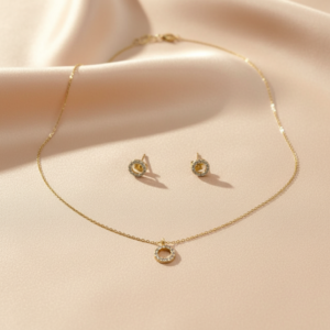 14K Yellow Gold Zircon Necklace & Stud Earrings Set | Dainty Eternity Circle Pendant Gift