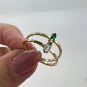14K yellow gold ring with elegant design, featuring green and white stones