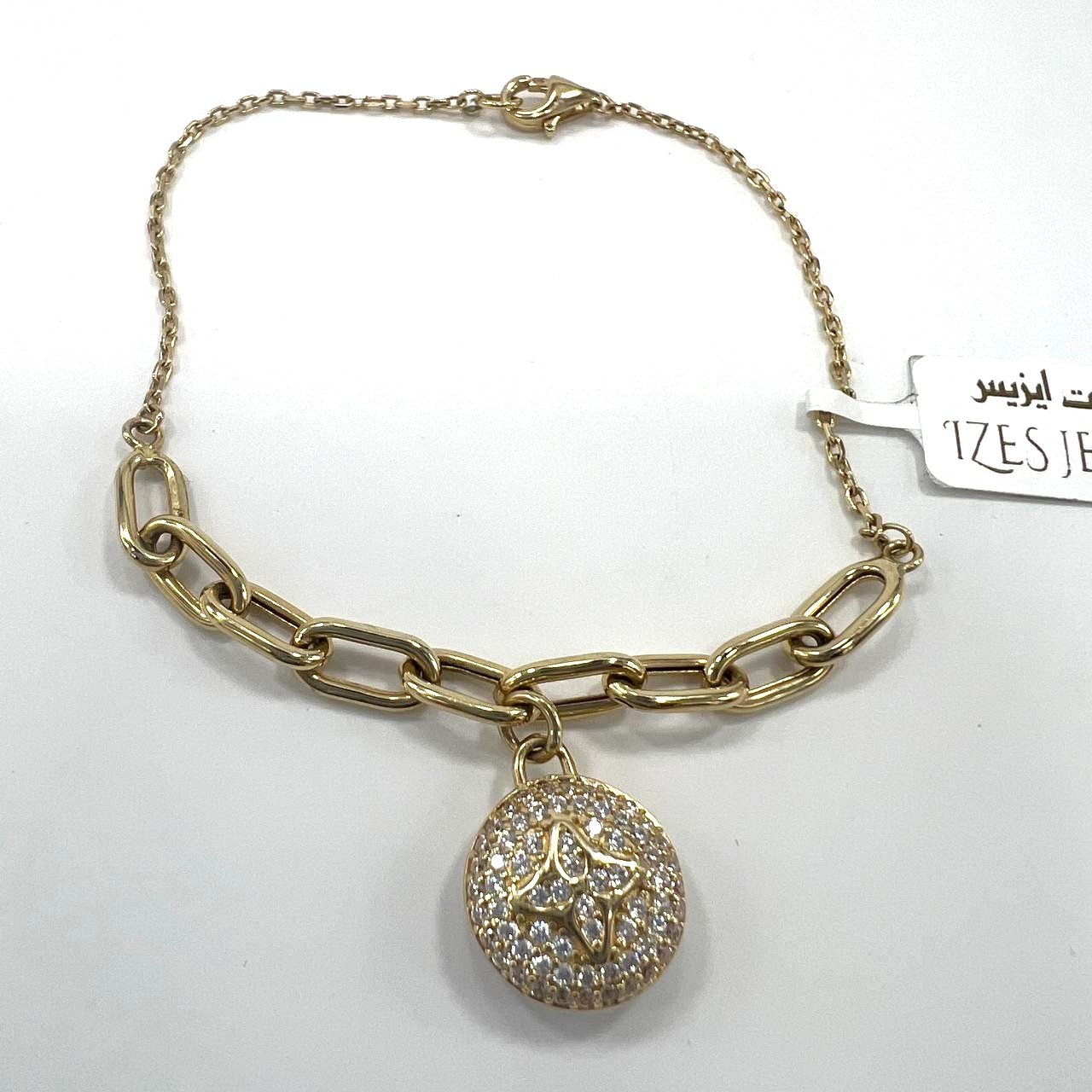 Beautiful 14K yellow gold bracelet with a chain & zircon decorated circle charm - Image 2