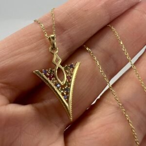 New 14K Solid Gold Italian Necklace – V-Shaped Pendant with Gemstones 2.7g 24 cm