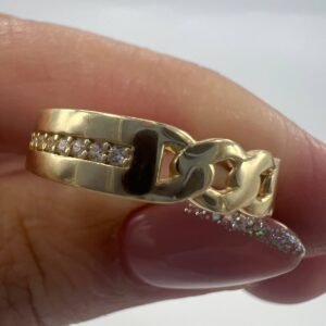 New 14K Solid Gold Ring 1.6g – Chain Link and Stone Band, Made in Italy