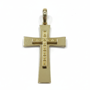14K Yellow Gold Cross Pendant Geometric Engraved Double Layer Modern Minimalist Charm