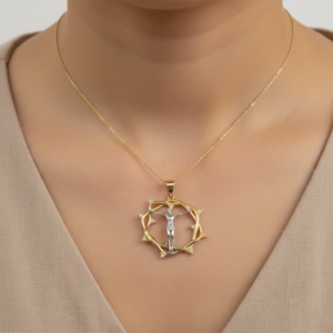 14K Two-Tone Gold Crucifix Pendant Crown of Thorns Jesus Faith Symbol Charm