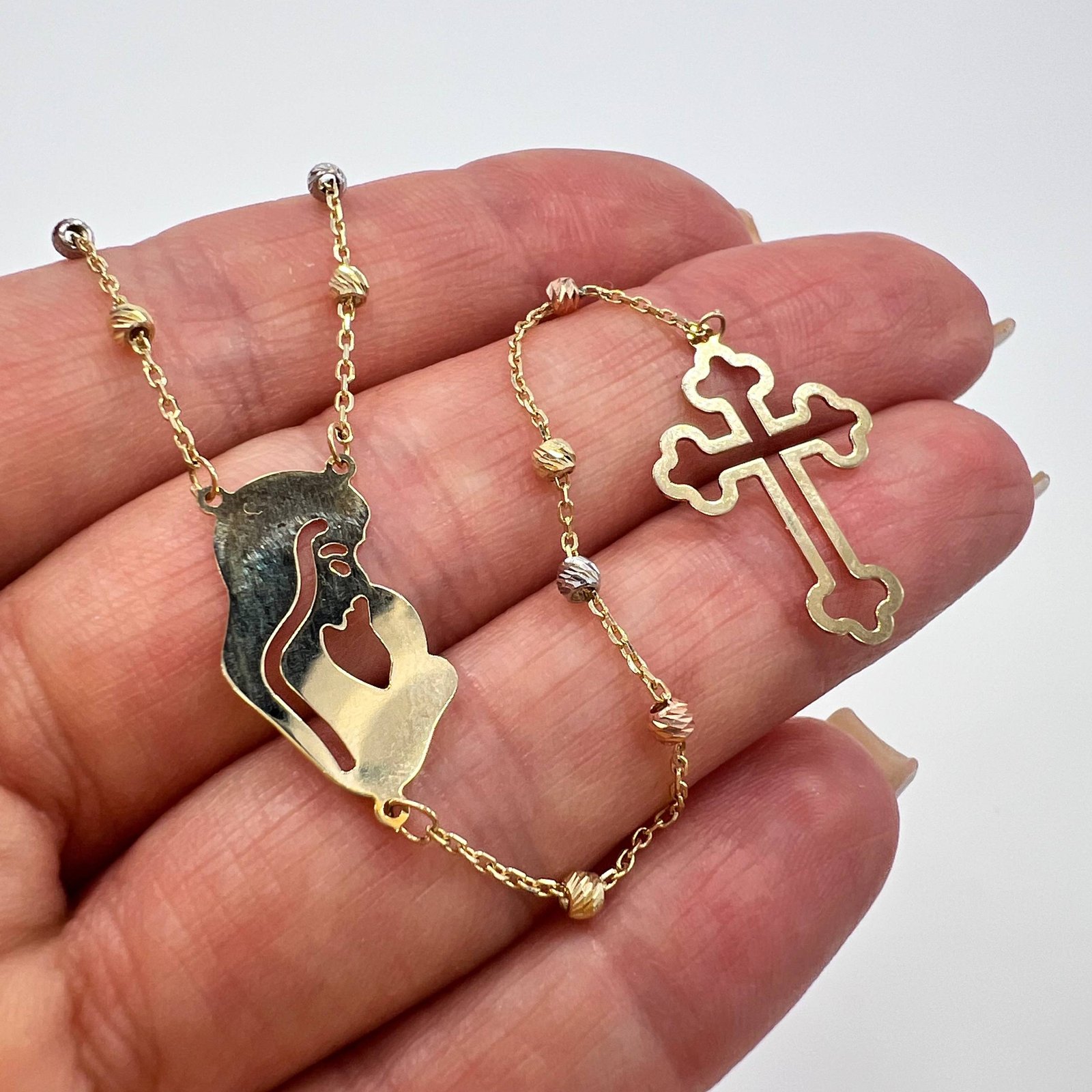 14K Gold Rosary Beads Necklace Misbaha Christian Cross Virgin Mary Italy 4.6g - Image 8