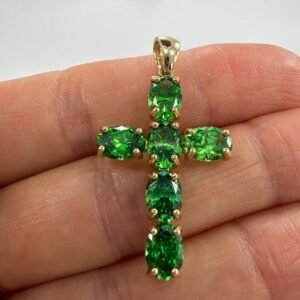 New 14K Solid Gold Cross Pendant Jewelry Green Gemstones Italy Gift Marked 3.3g