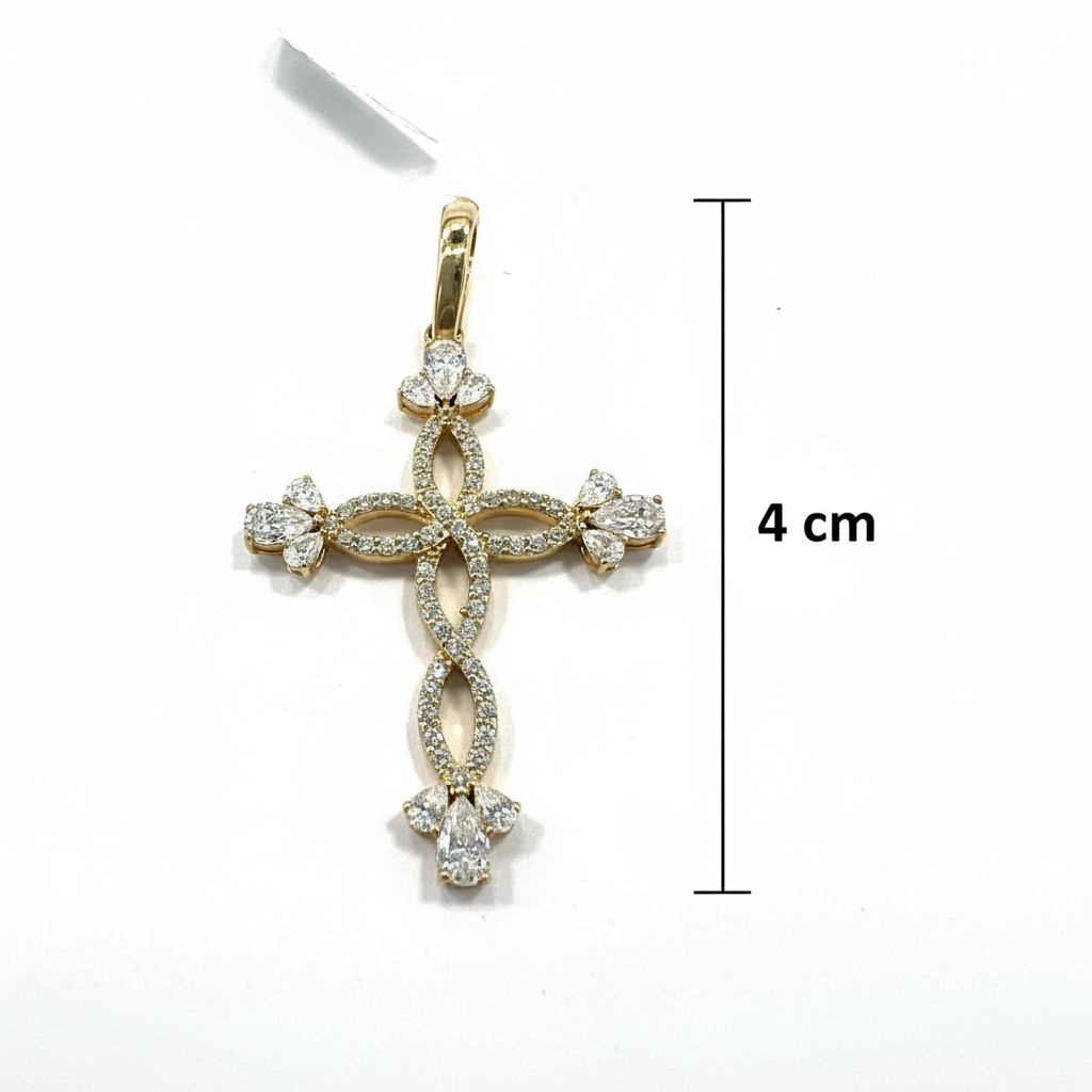 14K Yellow Gold Interlaced Cross Pendant Pear Marquise Cut Stones Charm New - Image 5