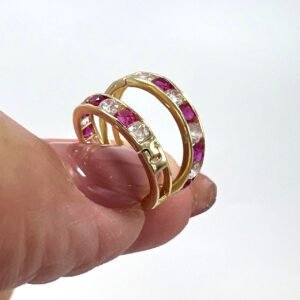 New 14K Yellow Gold Hoop Earrings with White and Pink Zircon Stones beautiful