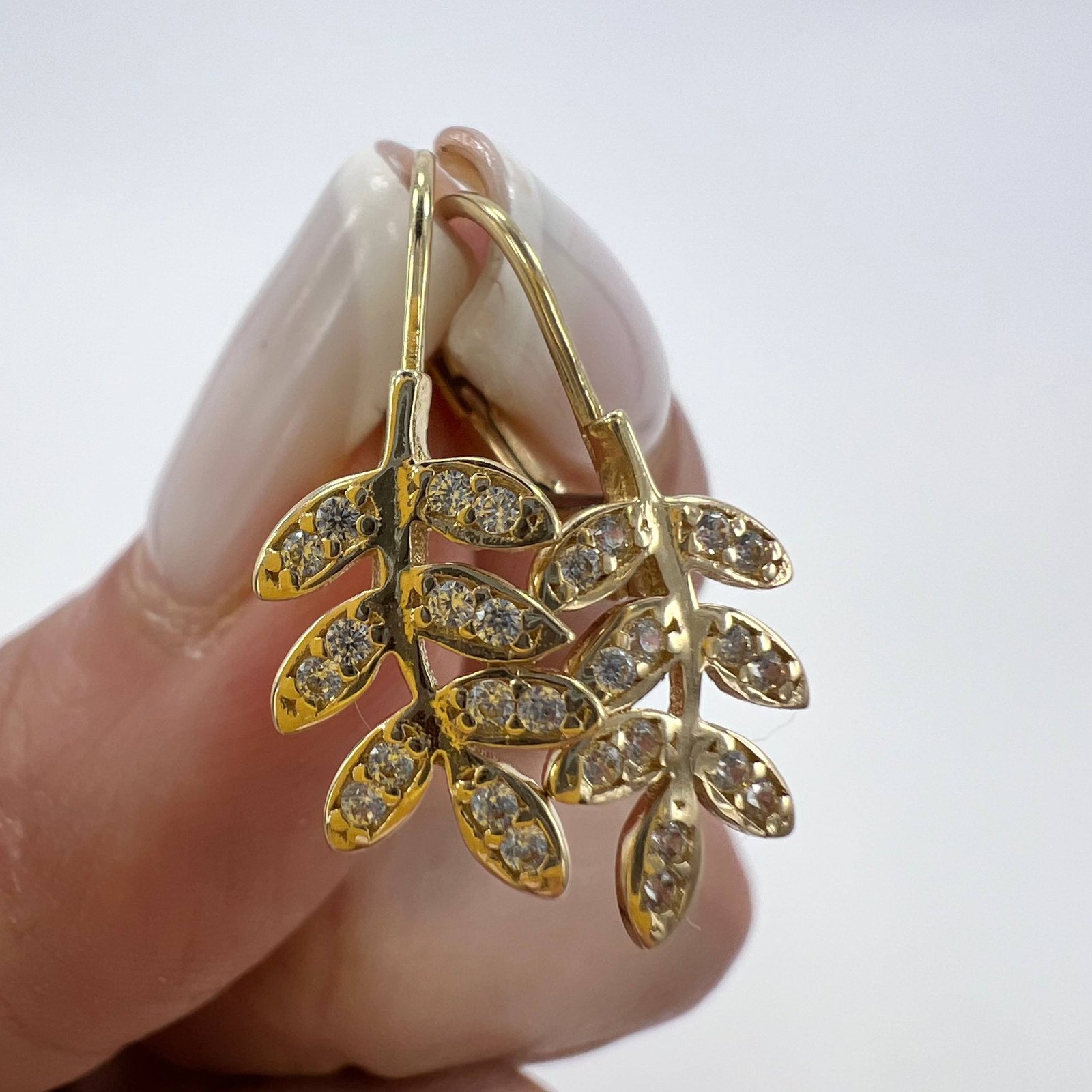 14K Solid Gold Leaf Branch Earrings with CZ Stones Elegant Jewelry Gift Italy 2g - Image 5