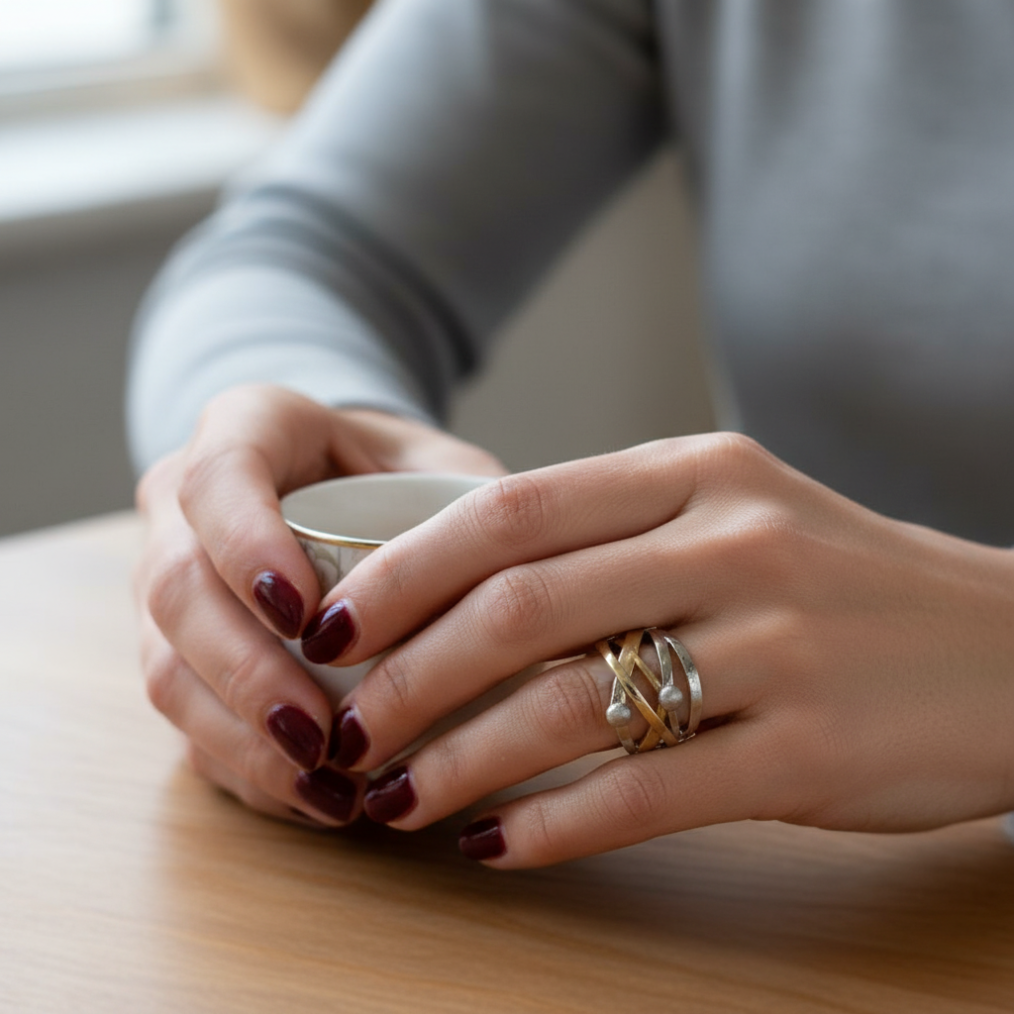 14K Gold Two Tone Crossover Ring Hammered Textured Yellow White Gold Women's Ban