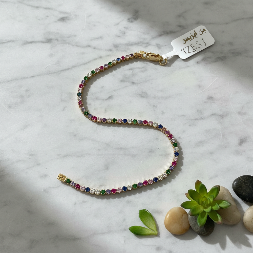 Izes 14K Gold Multi-Color Zircon Rainbow Tennis Bracelet Women Fine Jewelry - Image 3