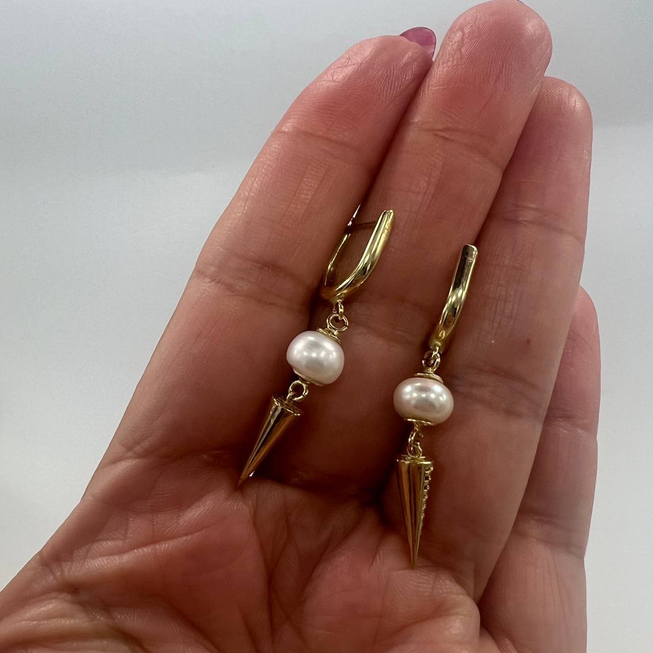 New 14K Solid Gold Earrings with Natural Pearls & Cone Drops 3.3g Italy - Image 4