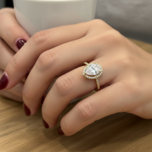 14K Yellow Gold Pear Shape CZ Halo Ring Engagement Anniversary Women's Size 7