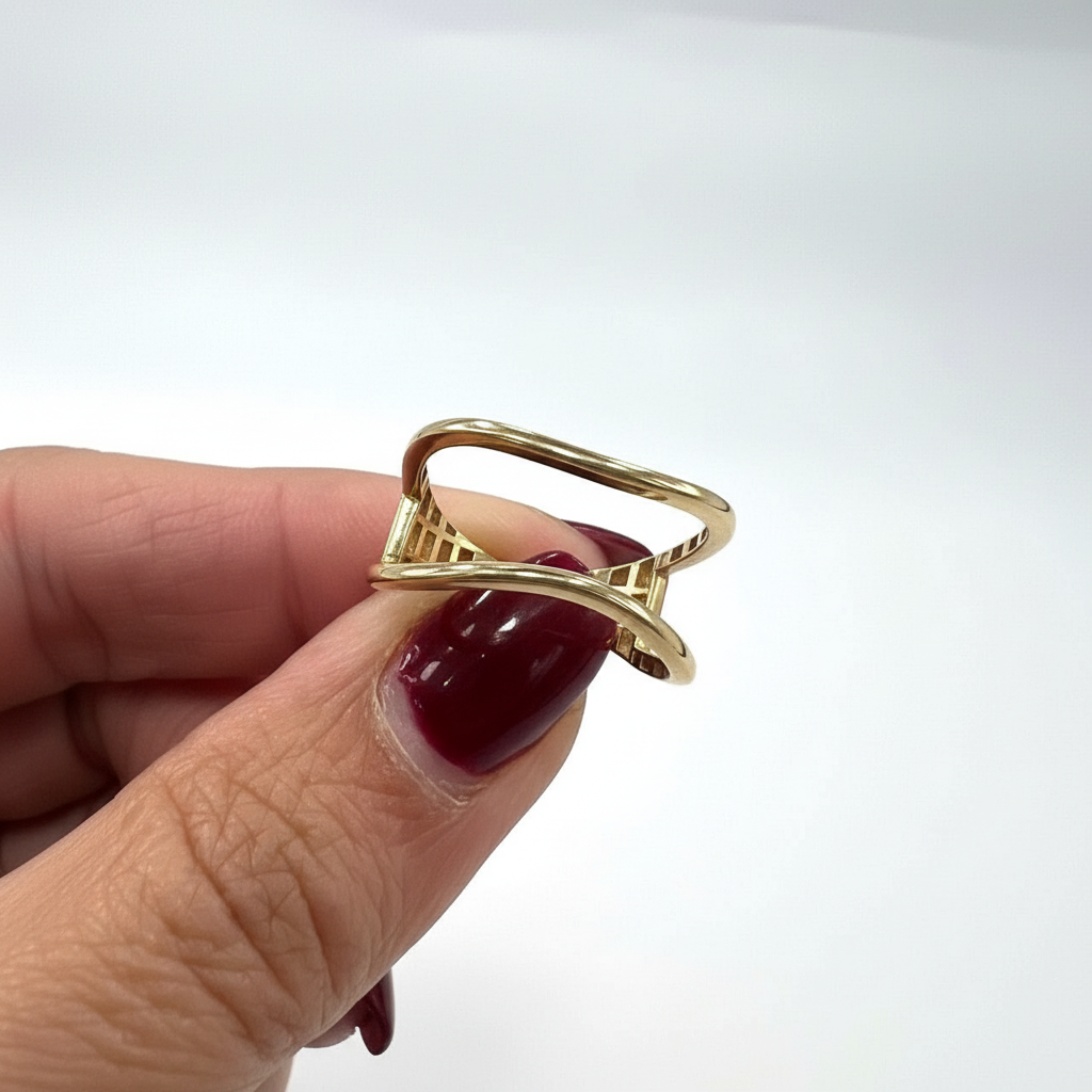 14K Yellow Gold Modern Open Frame Ring Minimalist Sculptural Design Size 7 - Image 5