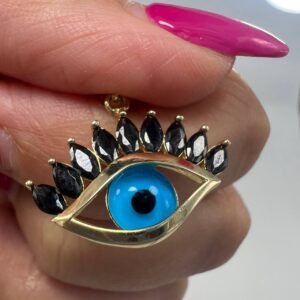 New 14K Gold Evil Eye Pendant Blue Glass & Black Stones Italy Gift for Her 2.5g