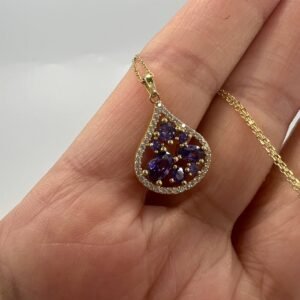 New Elegant 14K Solid Gold Italian Necklace  Teardrop Pendant with Amethyst 3.0g