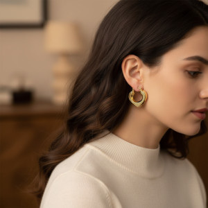 14K Solid Yellow Gold Diamond Cut Geometric Heart Hoop Earrings Women's 585