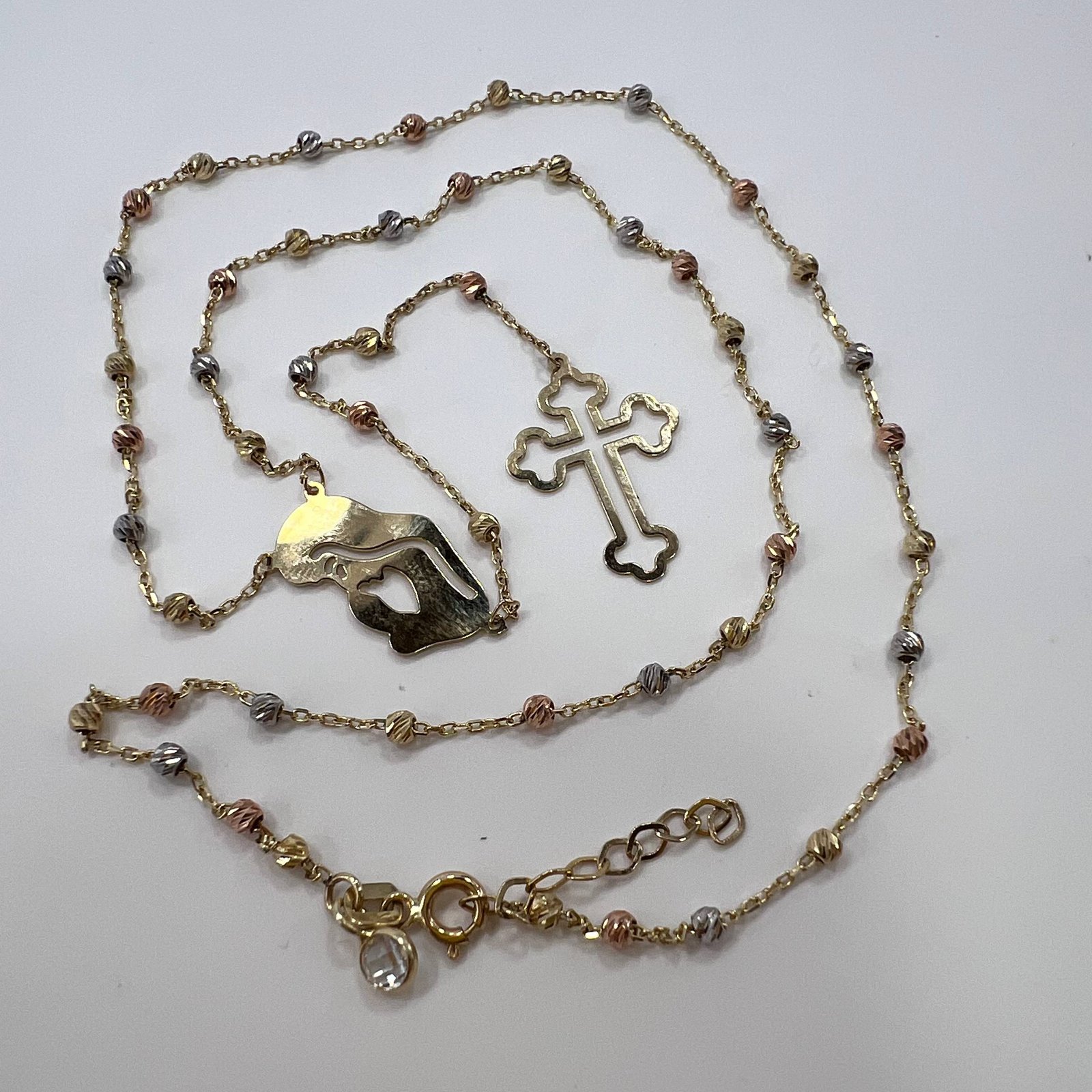 14K Gold Rosary Beads Necklace Misbaha Christian Cross Virgin Mary Italy 4.6g - Image 4