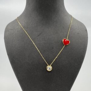 New 14K Solid Gold Necklace Italy – Red Enamel Heart & Solitaire Pendant 2.2g