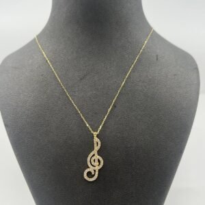 New Elegant 14K Solid Gold Treble Clef Necklace – CZ Pendant 2.1g, 24cm Italy