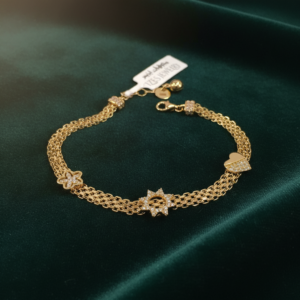 14K Yellow Gold Bracelet Triple Chain Zircon Star Heart Flower Charm Women Gift