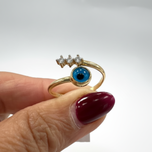 14K Yellow Gold Open Evil Eye Ring Zircon Protection Charm Dainty Women's Size 8 Gift