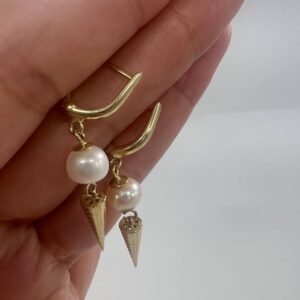 New 14K Solid Gold Earrings with Natural Pearls & Cone Drops 3.3g Italy