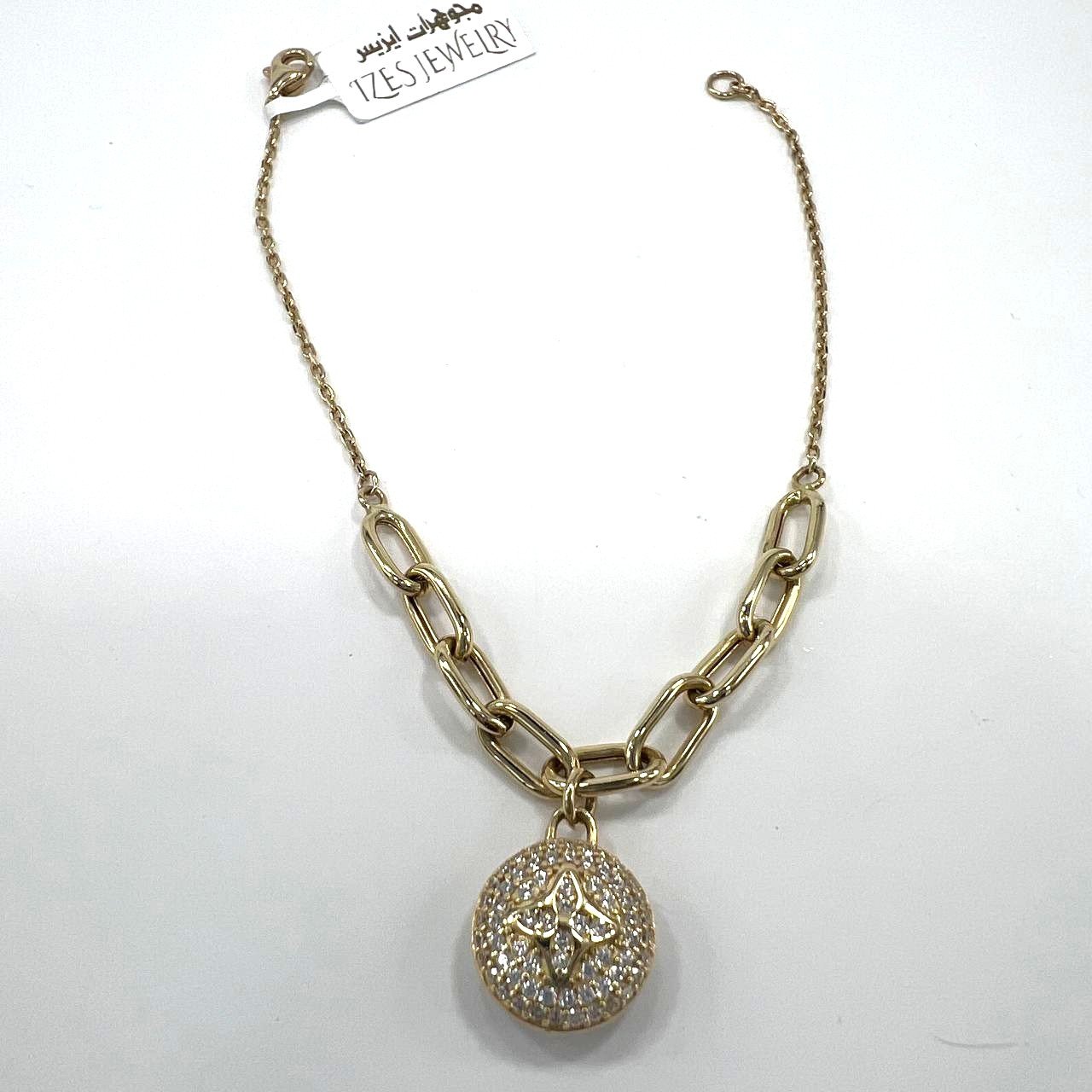 Beautiful 14K yellow gold bracelet with a chain & zircon decorated circle charm - Image 4