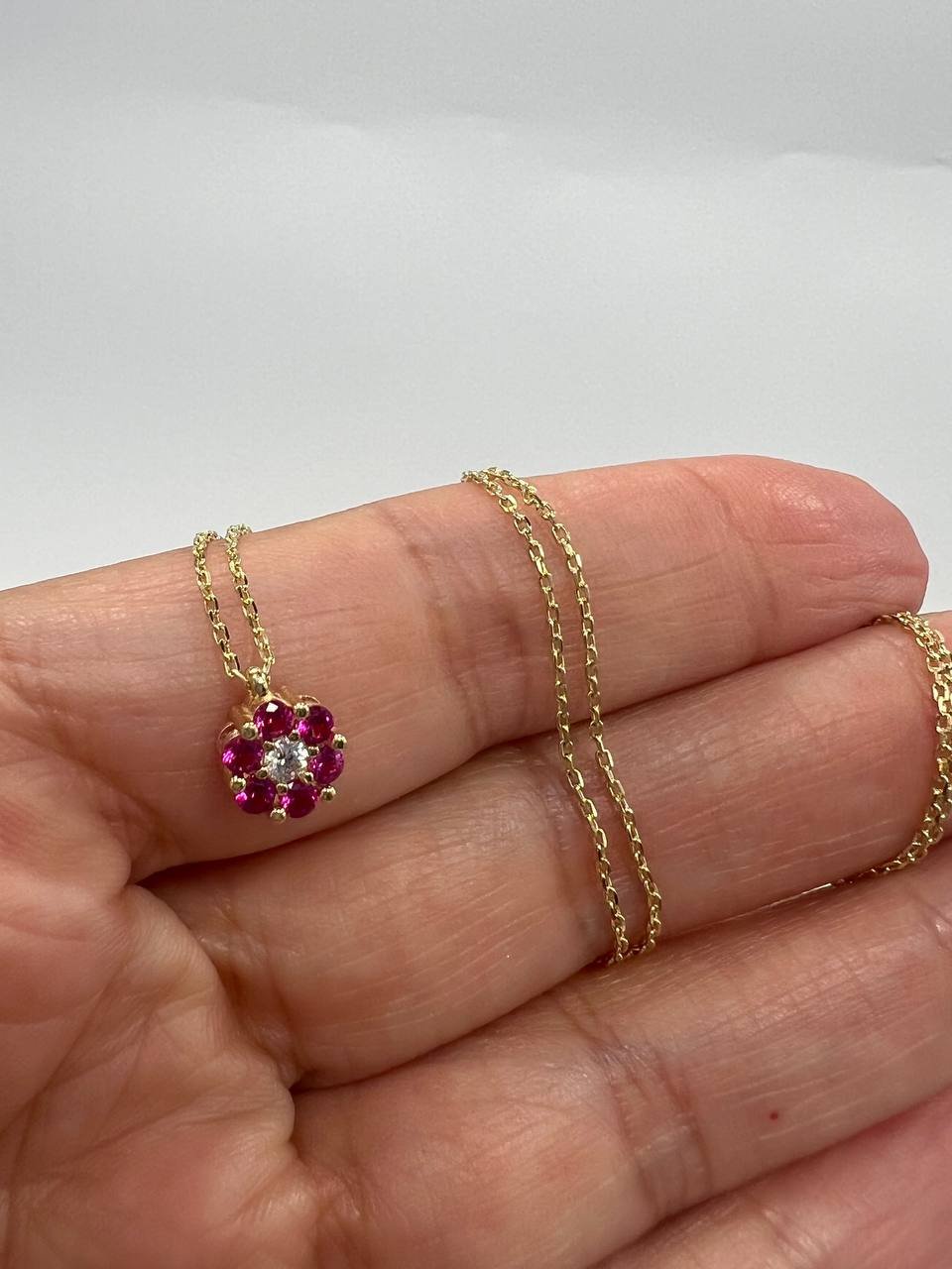 New Elegant 14K Solid Gold Necklace with Ruby & Diamond Flower Pendant – 2.3g - Image 3