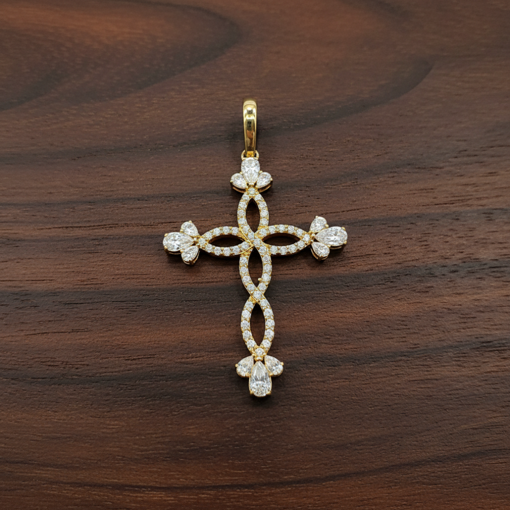 14K Yellow Gold Interlaced Cross Pendant Pear Marquise Cut Stones Charm New - Image 3