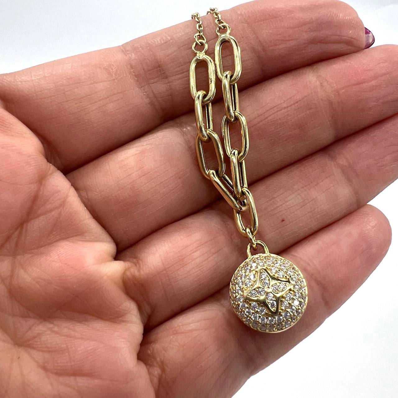 Beautiful 14K yellow gold bracelet with a chain & zircon decorated circle charm - Image 7