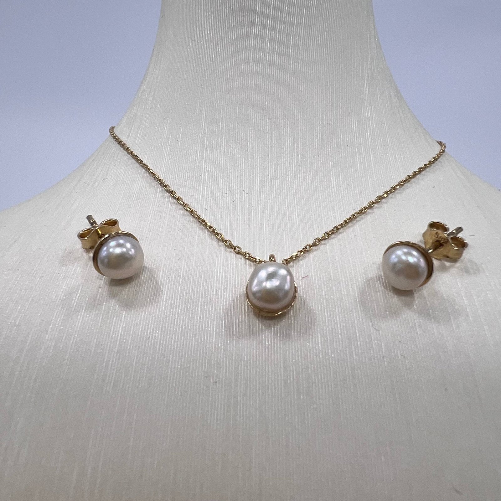 14K Gold Pearl Chain Necklace Stud Earrings Set Women’s Jewelry Gift Italy 2.6g - Image 6