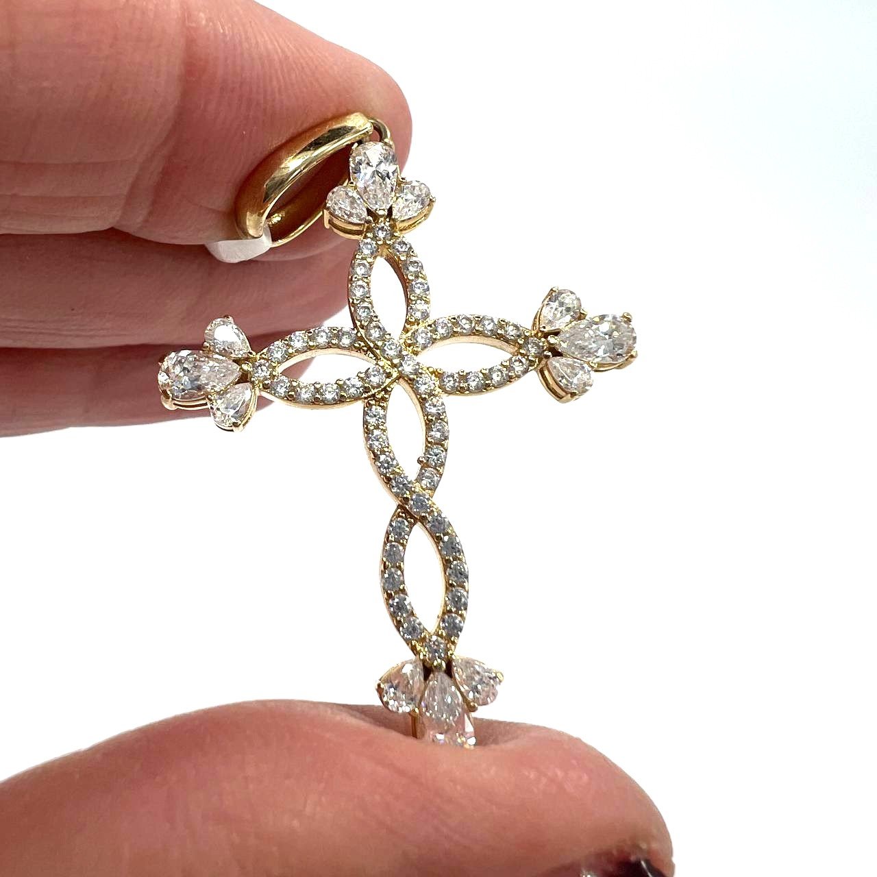 14K Yellow Gold Interlaced Cross Pendant Pear Marquise Cut Stones Charm New - Image 8