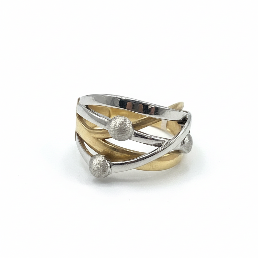 14K Gold Two Tone Crossover Ring Hammered Textured Yellow White Gold Women's Ban - Image 5