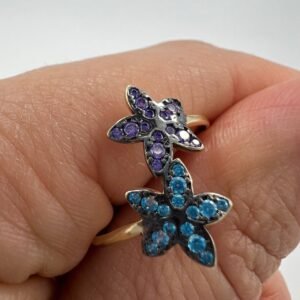 New 14K Solid Gold Ring Women’s Jewelry Blue & Purple Stones Italy Gift Size 8