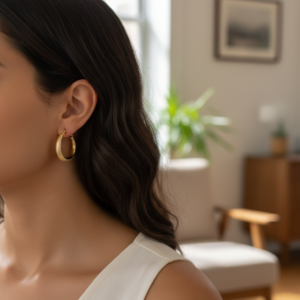 14K Yellow Gold Textured Hoop Earrings Women's Diamond Cut Lightweight Everyday