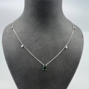 New Elegant 14K White Gold Necklace with Green Teardrop Gemstone  Italian Design