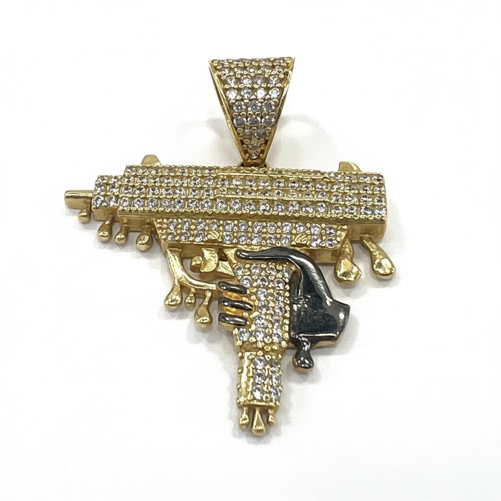 14K Yellow Gold Dripping Gun Pendant Zircon Iced Out Hip Hop Statement Charm Men - Image 3