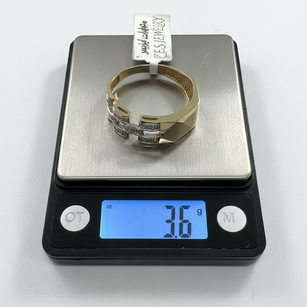 14K Solid Yellow Gold Zircon Geometric Link Ring Modern Elegant Men's Women's - Image 9