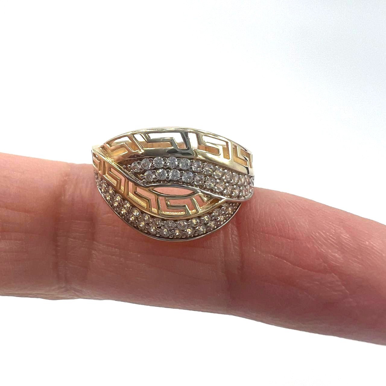 14K Solid Yellow Gold Greek Key Meander Zircon Ring Women's Luxury Fine Jewelry - Image 5