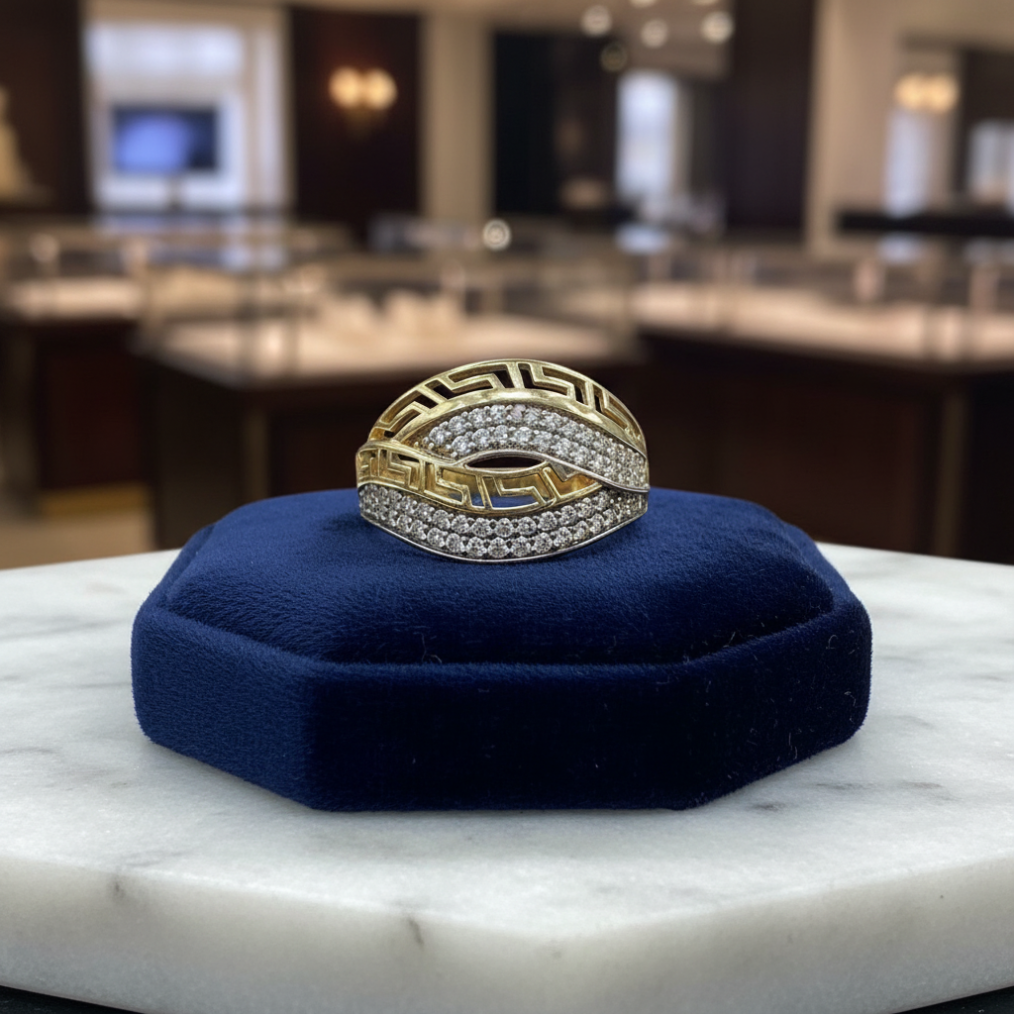 14K Solid Yellow Gold Greek Key Meander Zircon Ring Women's Luxury Fine Jewelry - Image 2