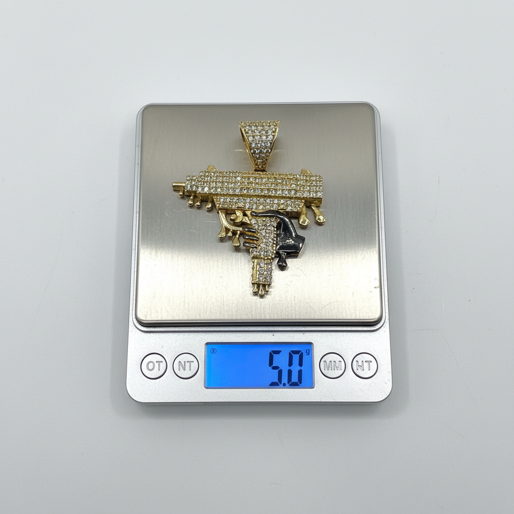 14K Yellow Gold Dripping Gun Pendant Zircon Iced Out Hip Hop Statement Charm Men - Image 7