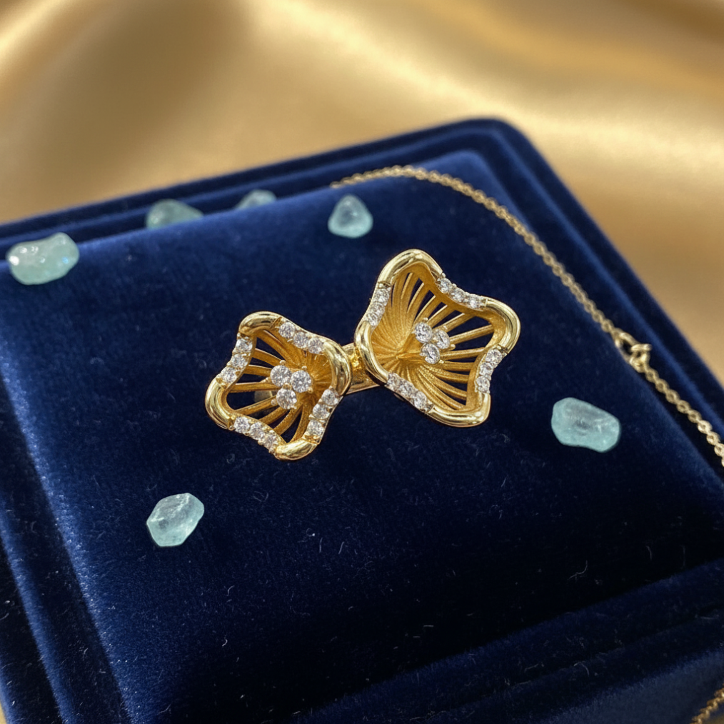 14K Yellow Gold Dual Flower Ring Zircon Statement Openwork Women's Jewelry - Image 7