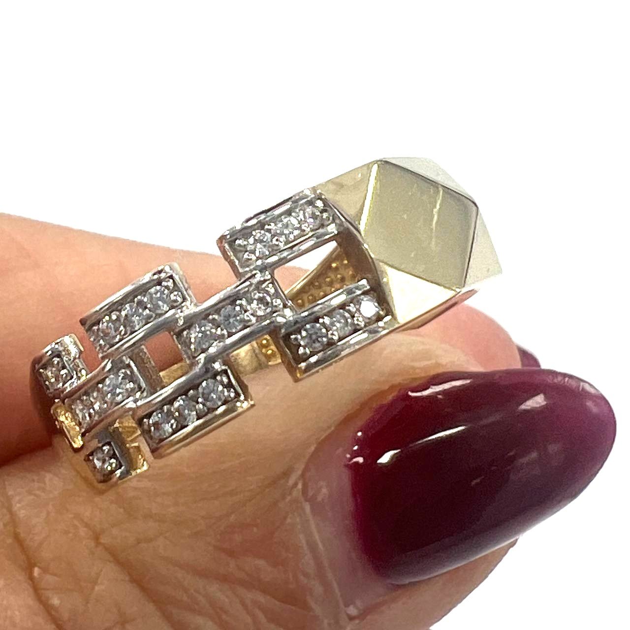 14K Solid Yellow Gold Zircon Geometric Link Ring Modern Elegant Men's Women's - Image 2