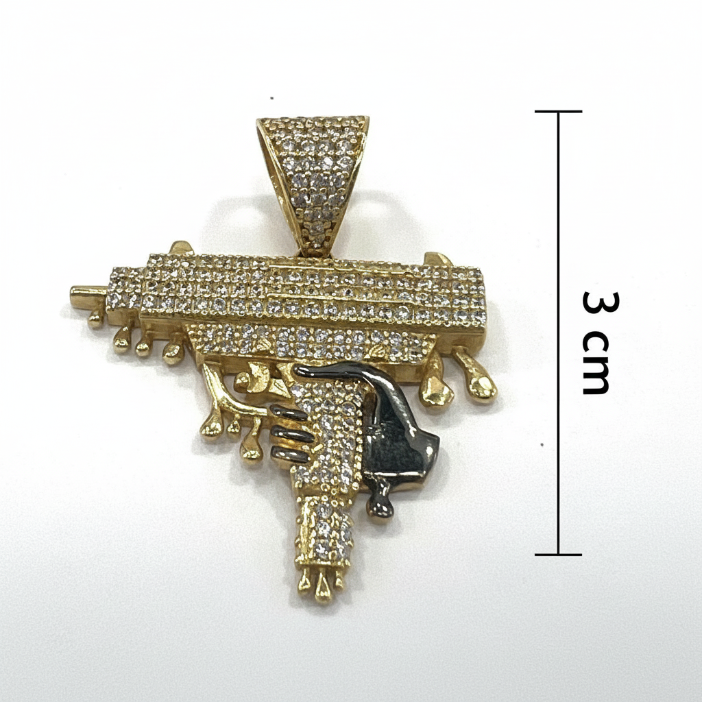 14K Yellow Gold Dripping Gun Pendant Zircon Iced Out Hip Hop Statement Charm Men - Image 4