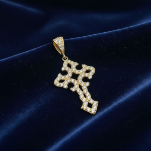 14K Yellow Gold Ornamental CZ Cross Pendant Sparkling Religious Charm Gift New
