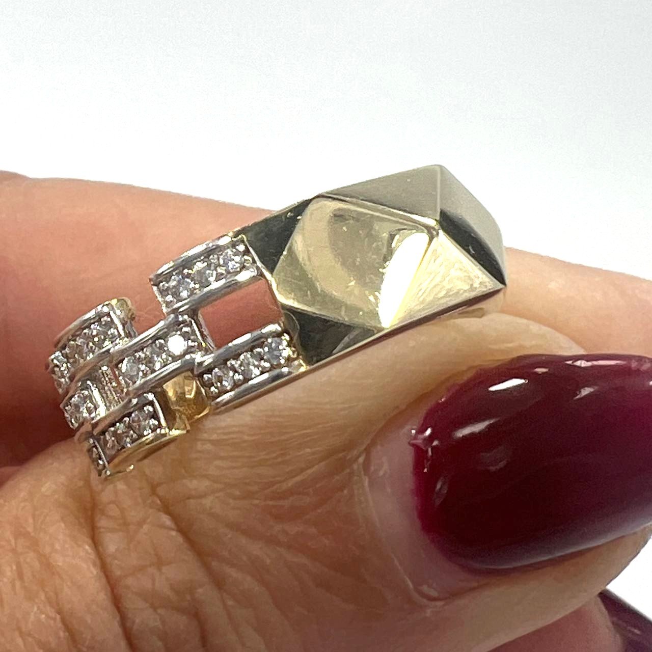 14K Solid Yellow Gold Zircon Geometric Link Ring Modern Elegant Men's Women's - Image 3