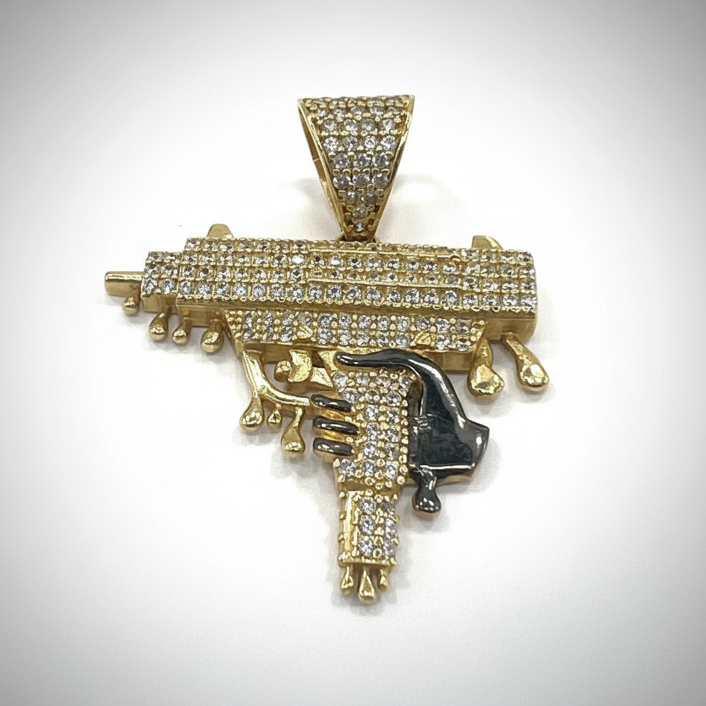 14K Yellow Gold Dripping Gun Pendant Zircon Iced Out Hip Hop Statement Charm Men - Image 5