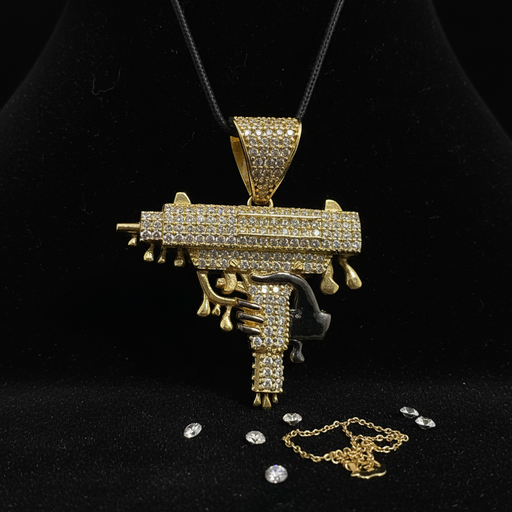 14K Yellow Gold Dripping Gun Pendant Zircon Iced Out Hip Hop Statement Charm Men - Image 2